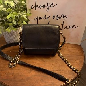 Nine West black purse evening bag, 6X6 with gold and black strap.